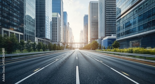 Modern urban road bordered by contemporary high rise architecture