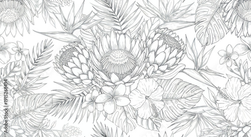 Detailed botanical line drawing featuring exotic tropical flowers and lush leaves creating a seamless background for textile, fabric, and wallpaper applications.