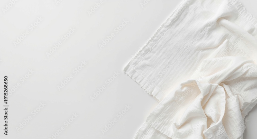 Obraz premium Bright white desk surface displaying a pile of linen dish towels shaped as napkins with copy space