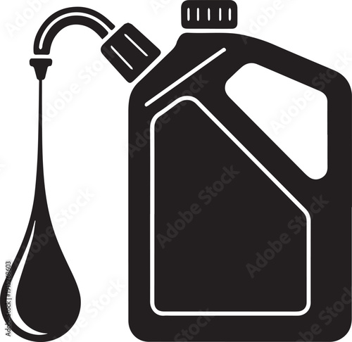 Black silhouette of an oil canister isolated on white background, minimal industrial container shadow illustration, clean monochrome fuel and lubricant storage design