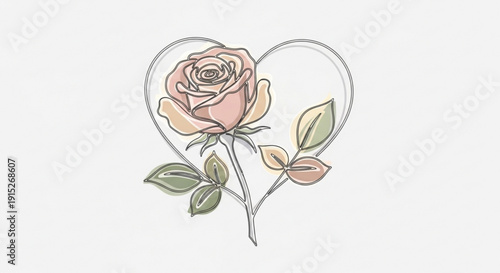 Delicate rose inside a heart outline a simple line art illustration symbolizing love and romance perfect for greeting cards and design elements