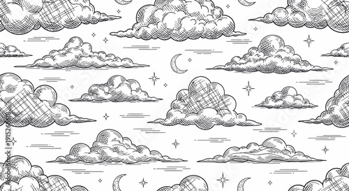 Seamless sky background with handdrawn clouds, stars, and crescent moons perfect for textile, fabric, wallpaper, or packaging printing and surface decor