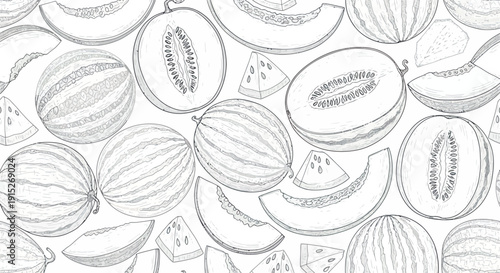 A variety of fresh ripe whole and sliced watermelons and cantaloupe melons create a refreshing seamless line drawing background suitable for food packaging, summer menu graphics, or healthy