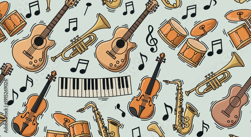 A vibrant composition of diverse musical instruments including guitars, drums, trumpets, saxophones, violins, and piano keys, with scattered musical notes, perfect for musicthemed events or