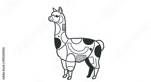 Stylized llama graphic featuring intricate geometric shapes and bold lines, perfect for contemporary merchandise, branding, educational materials, or decorative applications.