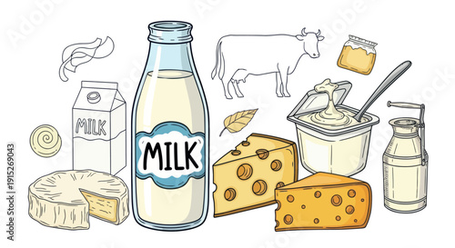Assortment of farm fresh dairy products including milk bottles, cheese wedges, and creamy butter alongside a domestic cow perfect for food packaging and agricultural marketing materials