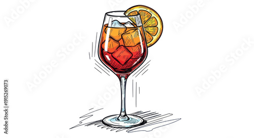 Vibrant refreshing cocktail aperitif with ice and an orange slice in a stemmed glass perfect for menu designs, beverage advertisements, or happy hour promotions