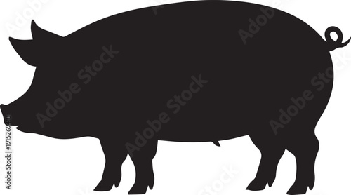 Black silhouette of a pig isolated on white background, farm animal shadow illustration, simple livestock shape, clean monochrome agricultural design