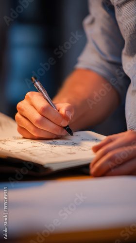 Person sketching in notebook with pen