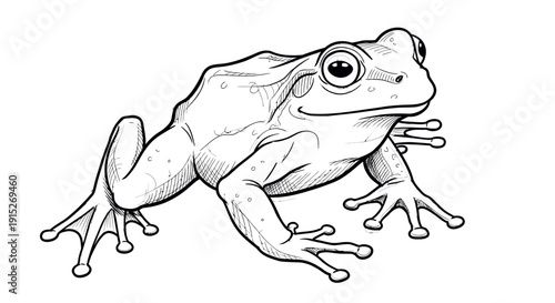 Stylized black and white line drawing depicting a frog, an interesting amphibian from diverse natural environments, excellent for scientific diagrams, zoology projects, or educational