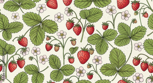 Vibrant strawberry plants with ripe red fruit and delicate white blossoms create a fresh natural arrangement perfect for food packaging and organic product branding