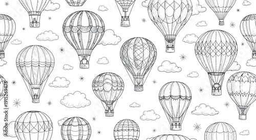 Seamless hot air balloon and airship sketch for childrens room decor, textile prints, wrapping paper, or travelthemed product packaging