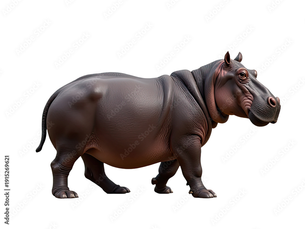 Fototapeta premium A hippopotamus stands on a clean white surface, waiting or expecting something