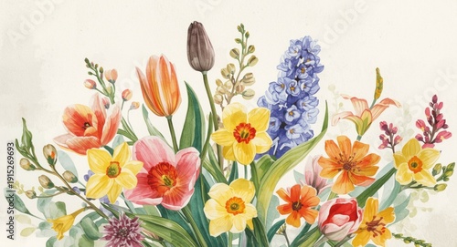 Watercolor art template of a vibrant bouquet of spring flowers with hand painted details