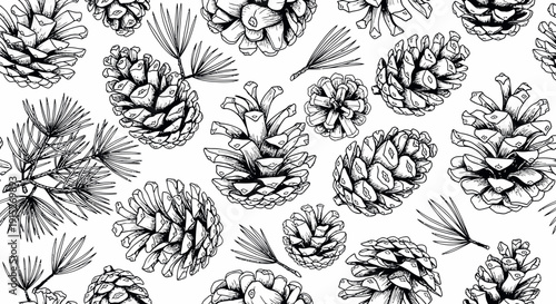 Detailed sketch style pine cones and evergreen needles create an organic repeating botanical background for winter holiday branding fabric home decor and seasonal product packaging
