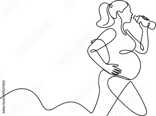 Continuous single drawn one line pregnant woman running and drinking hand drawn picture silhouette. one line Art icon drawing vector