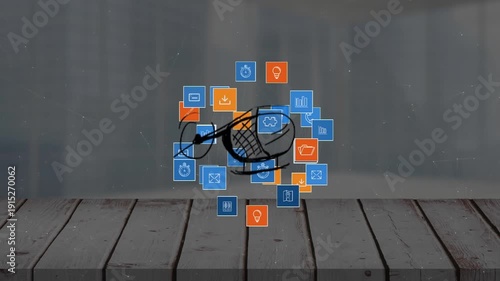 Animation of helicopter and icons over cityscape