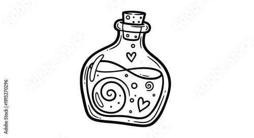 Whimsical hand drawn potion bottle with a magical love elixir, perfect for enchanting Valentines Day greetings, romantic party invitations, or charming sticker designs.