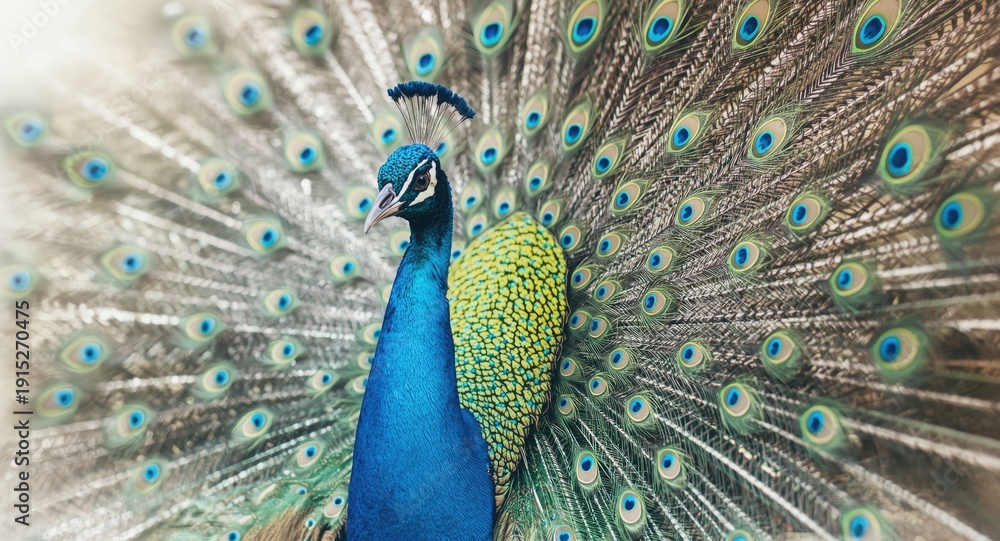 Fototapeta premium Watercolor image of a peacock with tail feathers wide open