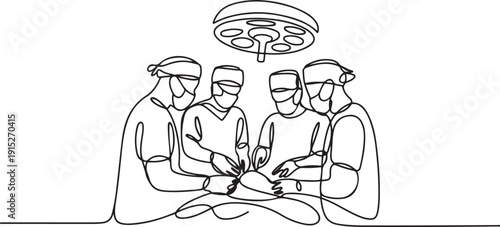 Single continuous single line drawing group of team surgeon doctor doing surgery operation to the patient with critical condition. one line Art icon drawing vector