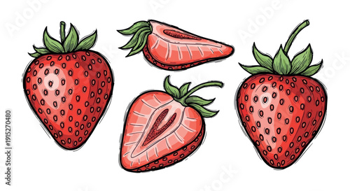 Delicious fresh summer strawberries in various forms including whole and sliced berries, perfect for foodrelated projects, healthy lifestyle content, and vibrant seasonal promotions.