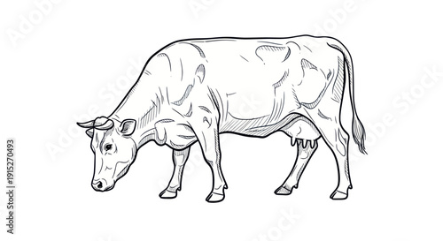 Hand drawn monochrome artwork depicting a domesticated bovine animal with horns and udders, suitable for dairy product branding, livestock educational content, or farming business