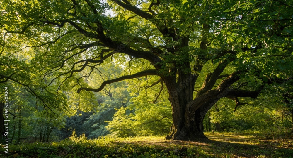 Fototapeta premium Vibrant sunlit forest backdrop with lush greenery and copy space