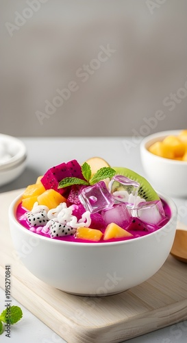 Es buah in pink syrup topped with dragon fruit and mint, styled with extra fruit bowls in background.