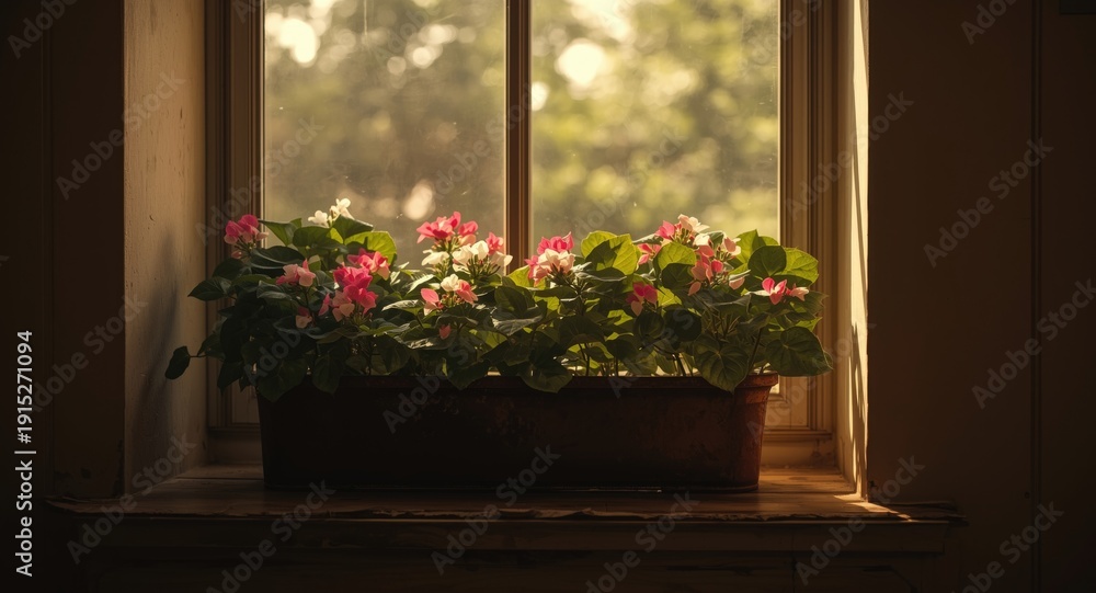 Fototapeta premium Small indoor garden with bright begonia on a well-lit windowsill