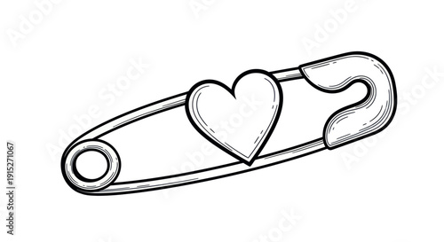 A stylish black and white safety pin incorporating a heart symbol within its design, perfect for clothing accents, jewelry inspiration, or graphic design projects requiring a loving and