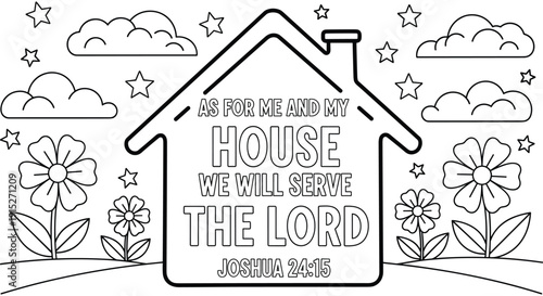 Faithful House with Biblical Quote Coloring Page vector illustration