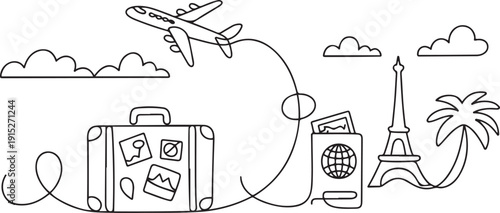  Travelling Around the World and Journey to Foreign Country for Vacation. one line Art icon drawing vector