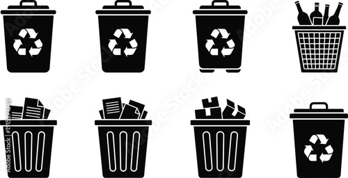 Recycling and trash bin silhouettes set with waste containers and garbage baskets vector illustration isolated on white background for environmental design