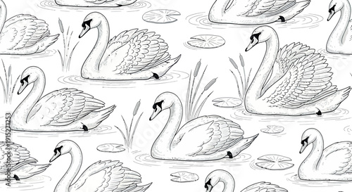 Seamless monochrome handdrawn outline of elegant swans gracefully swimming on a serene pond with lily pads and reeds, perfect for textile and wallpaper production.