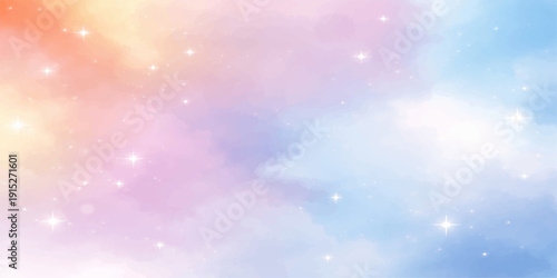 An abstract colorful background of a bright blue summer sky featuring soft sun bokeh and artistic cloudscape illustrations for a heavenly nature wallpaper design