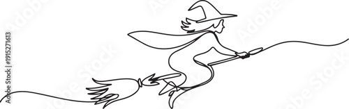 Flying witch line art silhouette, witch icon, symbol. vector on a broom. Halloween icon. one line Art icon drawing vector
