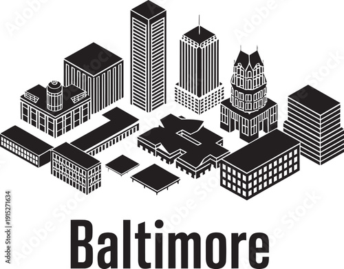 Detailed isometric baltimore cityscape with famous buildings and architectural structures vector