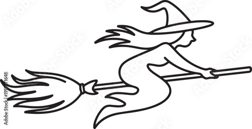 Flying witch line art silhouette, witch icon, symbol. vector on a broom. Halloween icon. one line Art icon drawing vector