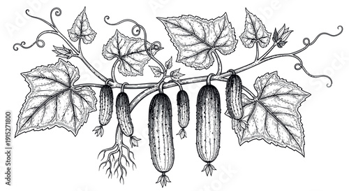 Detailed engraving of a cucumber plant branch featuring ripe vegetables, broad leaves, and winding tendrils perfect for organic farm promotions, healthy food packaging, and agricultural
