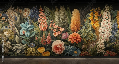 large scale colorful floral mural illustrating a variety of plants