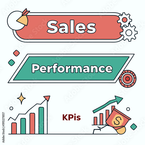 Sales performance K P I set with graphs and gears KPIs charts