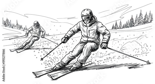Two skiers enjoying a thrilling descent down a snowy mountain slope, captured in a dynamic sketch style perfect for winter sports publications or outdoor adventure themes.