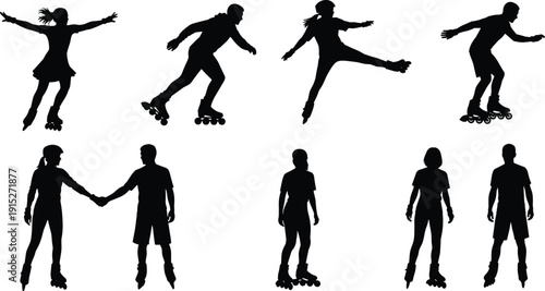 Roller skating silhouettes collection with men and women performing tricks, black vector illustration isolated on white background for sport and recreation design
