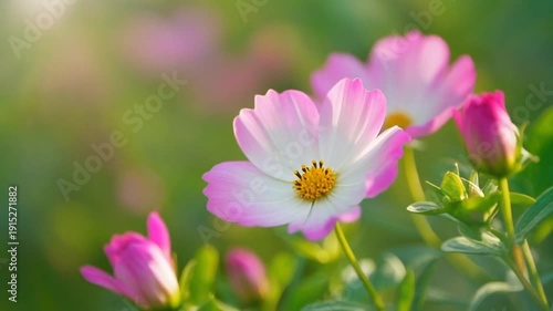 Pink flowers blooming in a green garden with blurry background