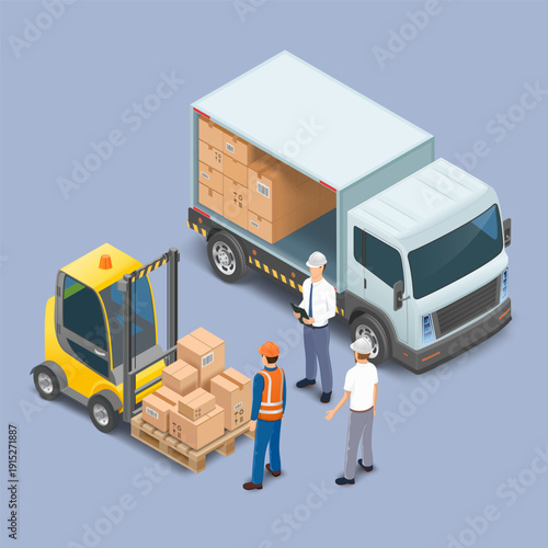 Forklift loads cardboard boxes into a cargo van. Workers are standing nearby. Freight transportation. Isometric view isolated on a white background. Vector illustration.