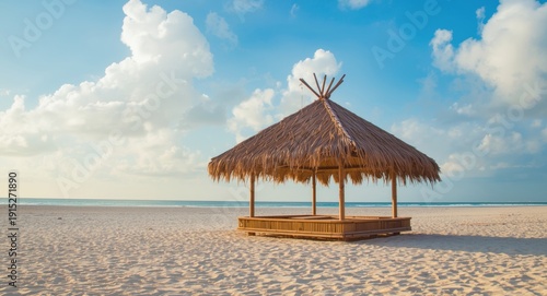 Sunny beach setting showcasing a palapa roof beneath blue sky with white clouds