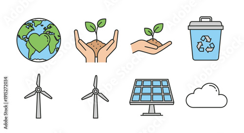 Collection of environmental and renewable energy icons including Earth, plants, recycling, wind turbines, and solar panels.