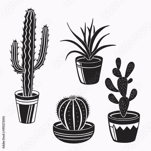 Set of five black cactus and succulent plant silhouettes in pots