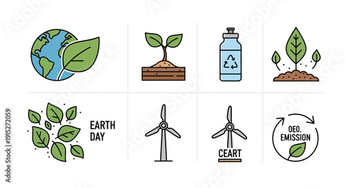 Collection of environmental and ecological icons, including Earth Day, recycling, renewable energy, and sustainable growth concepts on a white background.