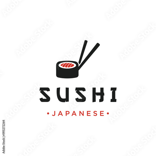 Japanese food sushi logo design with crossed chopsticks. Logo for restaurant, business, bar.